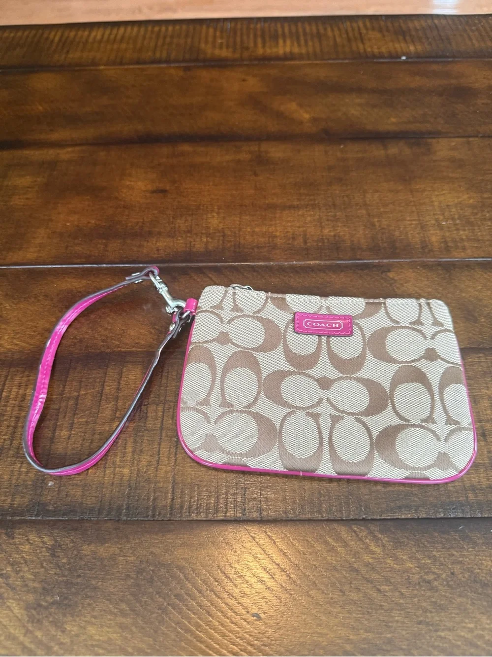 Coach Beige Signature Canvas Wristlet with Pink Trim